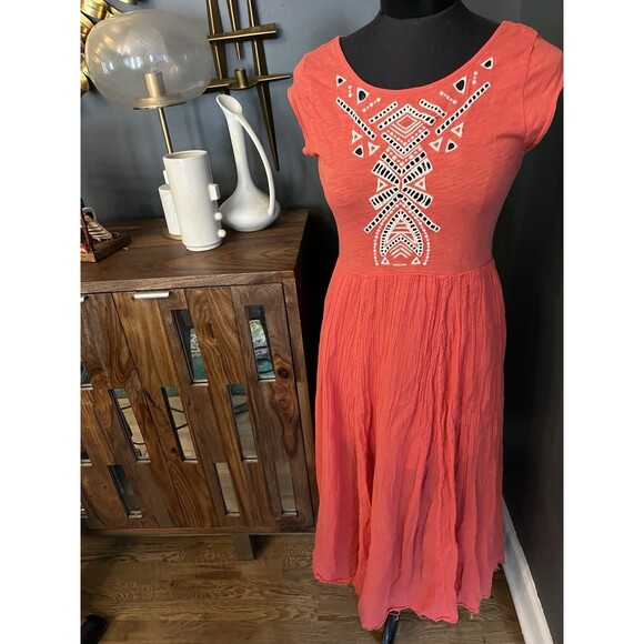 Free People Embroidered Coral Dress Cutouts Boho Gauze Skirt Cottagecore S - Picture 2 of 10